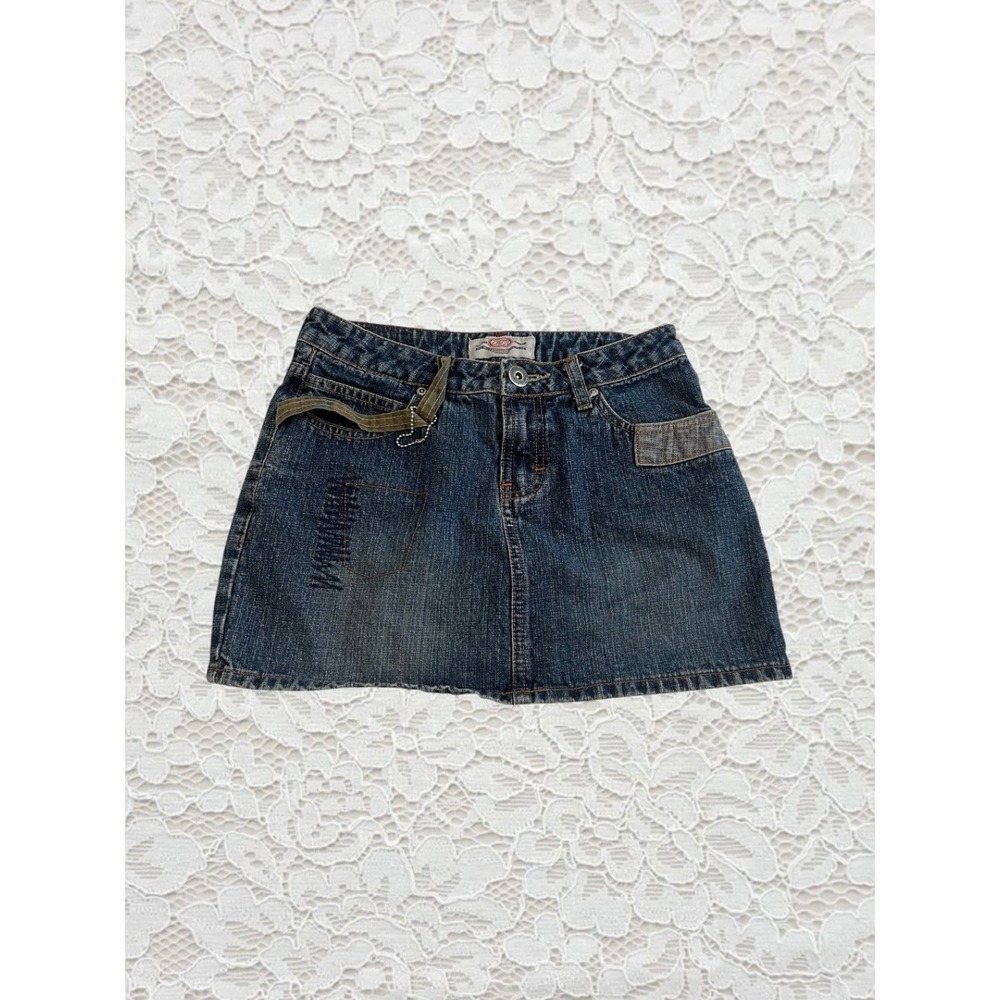 vintage y2k denim mini skirt with cool embroidered military style details